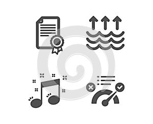 Musical note, Evaporation and Certificate icons. Correct answer sign. Music, Global warming, Diploma. Approved. Vector
