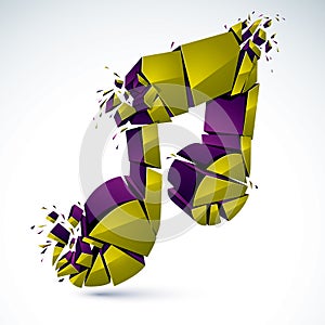 Musical note exploding to pieces, vector 3d realistic illustration symbol. Hard and loud sound concept, powerful sounding, rock o