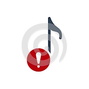 Musical note icon, music icon with exclamation mark. Musical note icon and alert, error, alarm, danger symbol