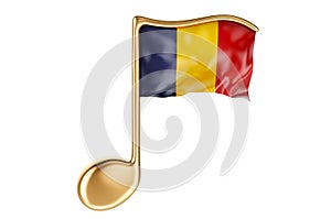 Musical note with Romanian flag. Music in Romania, concept. 3D rendering