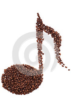 Musical note shape made of coffee beans over white background