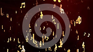 Musical note signs symbols Flying Music notes figures flowing. Golden music Loop background.