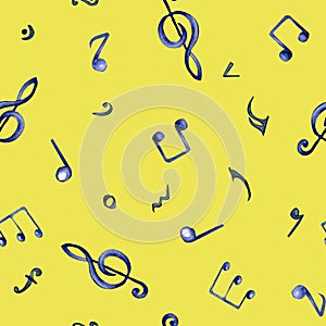 Musical note watercolor seamless pattern. Treble clef and notes isolated on yellow background. Endless print of musical