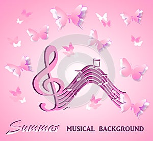 Musical notes on a background of pink butterflies