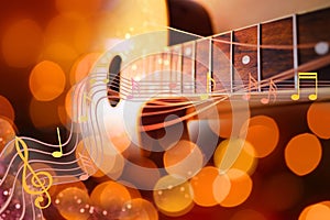 musical notes, chords, acoustic guitar with strings hanging freely, beautiful texture with bokeh, decoration, background for