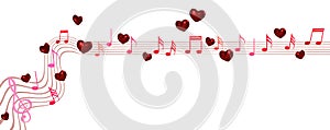 musical notes, chords with heart, horizontal long panorama of beautiful red, pink texture, decoration, love, engagement background