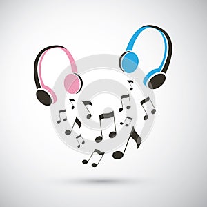 Musical Notes Flying from a Pair of Headphones - Let`s Listen to Music Together - Design Concept Illustration