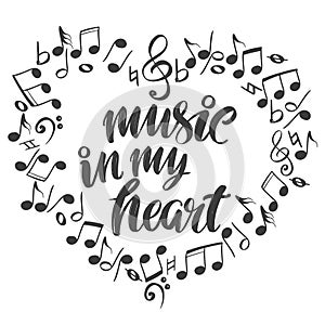Musical notes in the form of a heart icon, love music, calligraphy text hand drawn vector illustration sketch