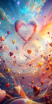 Musical notes, hearts, and abstract shapes coming together to form a symphony of love, with each element dancing in harmony