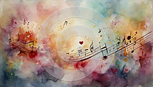 Musical notes with hearts, florals and instruments on a beautiful pastel watercolor background. Love for music concept.