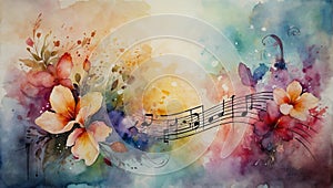 Musical notes with hearts, florals and instruments on a beautiful pastel watercolor background. Love for music concept.