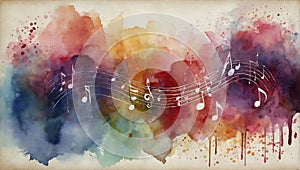 Musical notes with hearts, florals and instruments on a beautiful pastel watercolor background. Love for music concept.