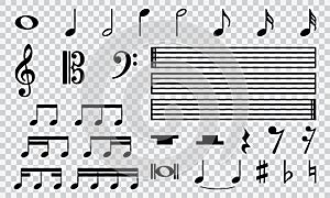 Musical notes icon set isolated on transparent background. Music tune melody symbols sign for sheet music composition. EPS10