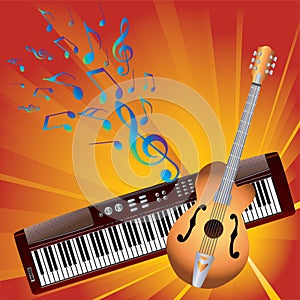 Musical notes and instruments.