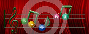 Musical notes made of Christmas ornaments float on a treble clef in this Christas holiday illustration about Christmas music.