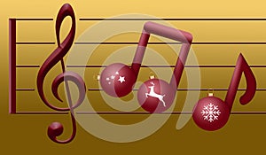 Musical notes made of Christmas ornaments float on a treble clef in this Christas holiday illustration about Christmas music.