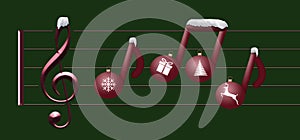 Musical notes made of Christmas ornaments float on a treble clef in this Christas holiday illustration about Christmas music.