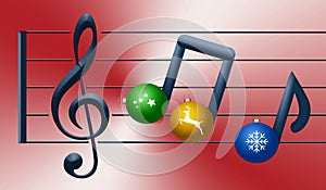 Musical notes made of Christmas ornaments float on a treble clef in this Christas holiday illustration about Christmas music.