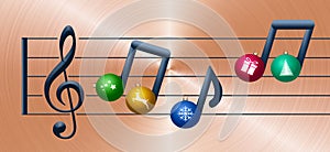 Musical notes made of Christmas ornaments float on a treble clef in this Christas holiday illustration about Christmas music.