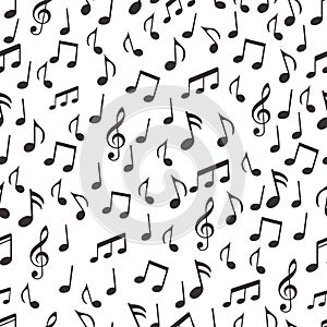 Musical notes, melodious signs and symbols seamless pattern. Black musical notes and treble clef on white background. For the