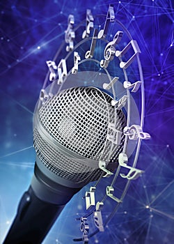 Musical notes and symbols around the microphone. 3D illustration