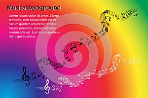 Musical notes and treble clef on an abstract rainbow color background