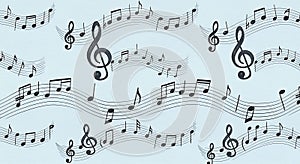 Musical Notes and Treble Clefs Pattern on Light Blue Background