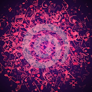 Musical notes vector illustration. Bright purple light with flying symbols creative music
