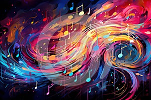 Musical notes vibrating in harmony, creating a colorful symphony, Abstract musical landscape