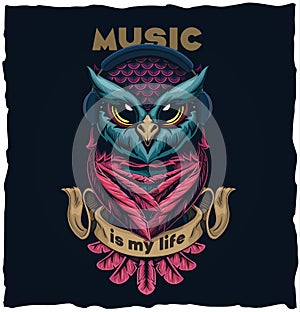 Musical owl. Tshirt design illustration. Vector illustration