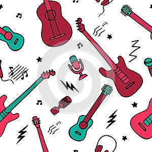 Musical pattern. Hand-drawn musical instruments icons. Seamless texture for wallpaper or fabric. Vector