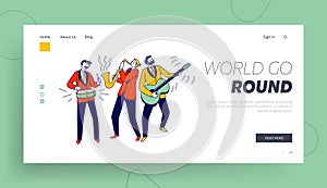 Musical Performance Landing Page Template. Street Musicians Characters or Jazz Band Perform Show