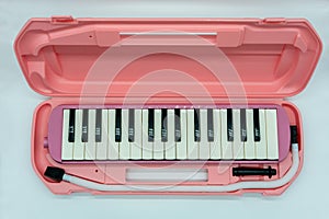 Musical pink melodian with hard plastic case isolated on white