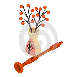 Musical pipe icon isometric vector. Wind instrument near vase with flower icon