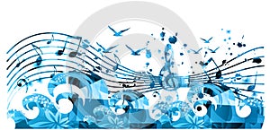 Musical poster with musical notes, waves and gulls isolated vector illustration. Inspirational music, composing, creating music.