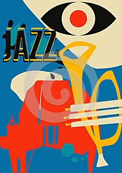 Musical promotional poster with musical instruments colorful vector illustration. Piano and trumpet for live concert events, jazz