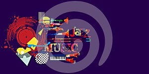 Musical promotional poster with musical instruments and lp vinyl record vector illustration. Artistic abstract design with vinyl r