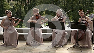 Musical quartet. Three violinists and cellist playing music. Long shot.