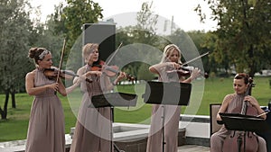 Musical quartet. Three violinists and cellist playing music. Medium shot.