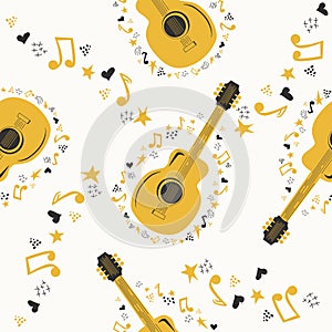 Musical seamless pattern with music notes, guitar. Hand-drawn country guitar, stars and elements