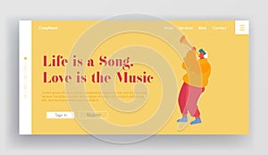 Musical Show or Concert Performance Website Landing Page. Musician Performing on City Street Playing Trumpet