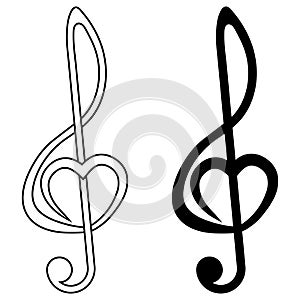 Musical sign treble clef with heart, vector sign of love for music, symbol music fan audiophile
