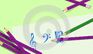 Musical signs on the white paper. Soft green background. Painting, art concept, music teaching and drawing.