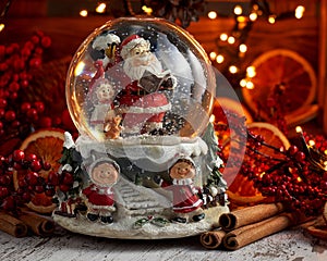 Musical Snow Globe with Santa Claus on bokeh background