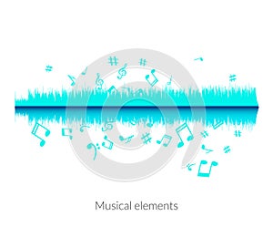 Musical sound wave equalizer stylish concept. Audio wave with notes