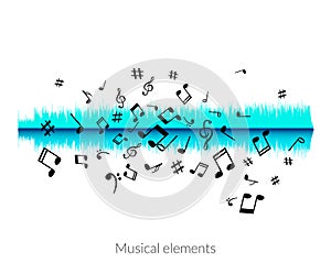 Musical sound wave equalizer stylish concept. Audio wave with notes