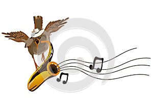 Musical sparrow in a hat with a trumpet and notes. Light and relax music with birds.