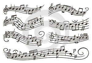 Musical staff with notes. Isolated tune music banners. Melodious inspirational elements, musician swirl lines. Song