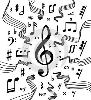 Musical staves vector illustration with music notes and symbols