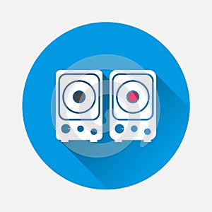 Musical stereo speakers vector icon on blue background. Flat image The stereo speaker is turned on and off with long shadow.